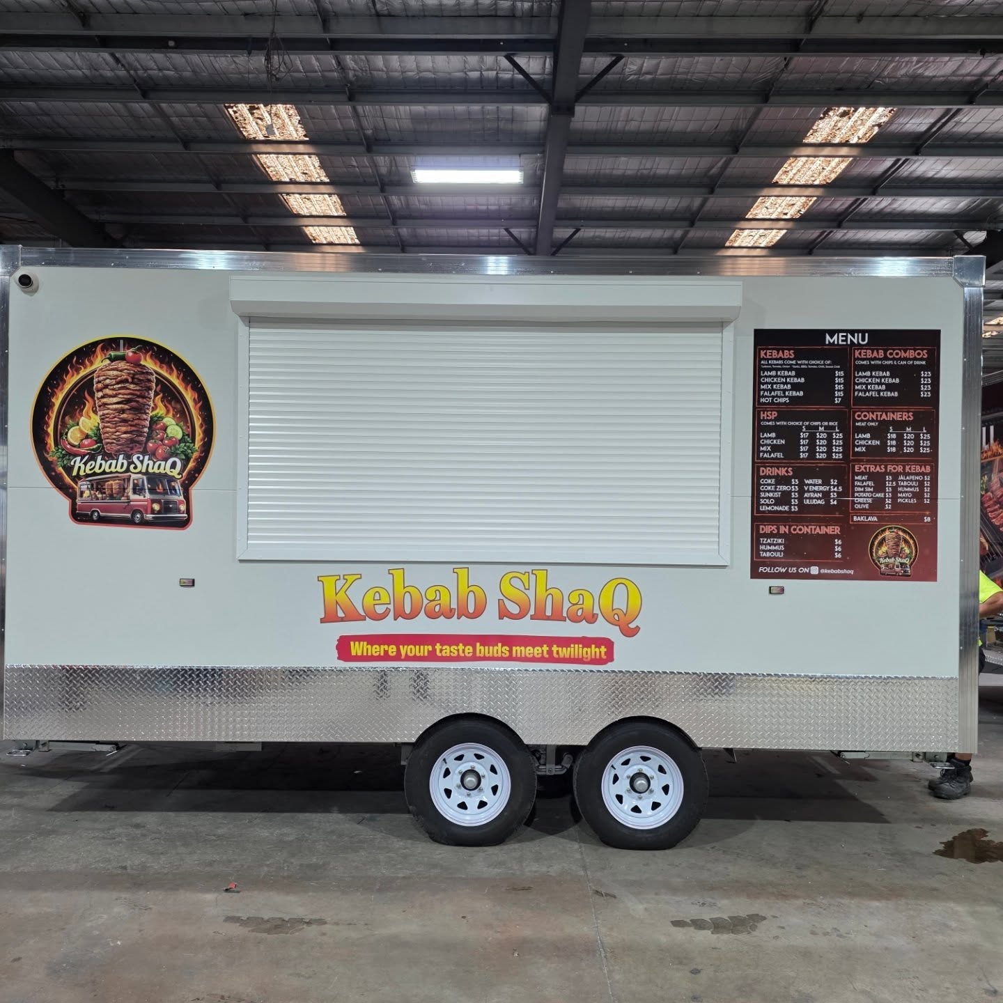 Kebab ShaQ food trailer built by Custom Food Vans with roller serving window and full kebab menu board
