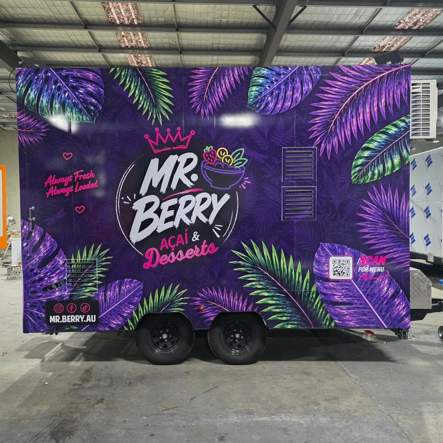 Mr Berry Acai and Desserts trailer refitted by Custom Food Vans in Lara Victoria with fresh vinyl wrap and neon lighting